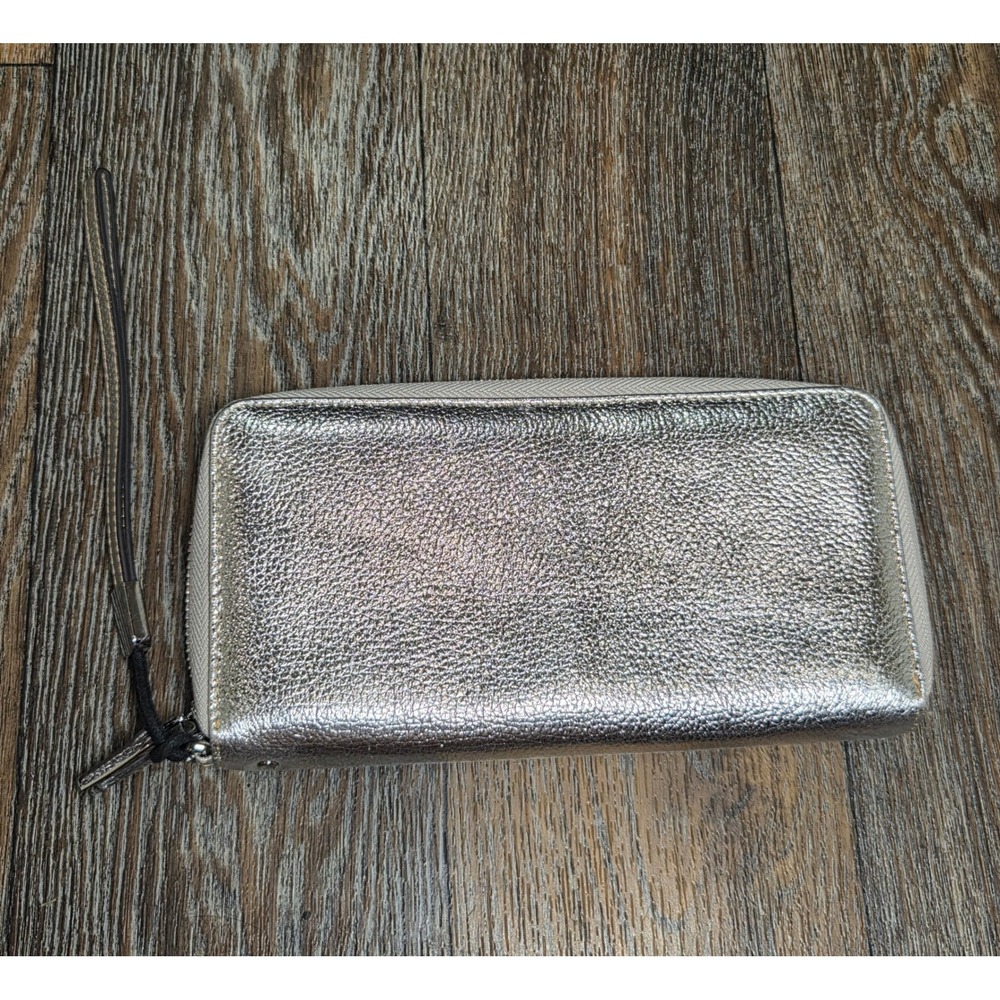 Lavemi Silver Metallic Pebbled Leather RFID Zip Around Wristlet Wallet Womens
